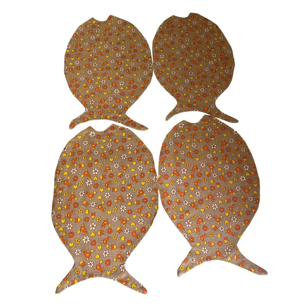 Set Of 4 Handmade Fish-Shaped Placemats Napkins With Chicken & Flower Print